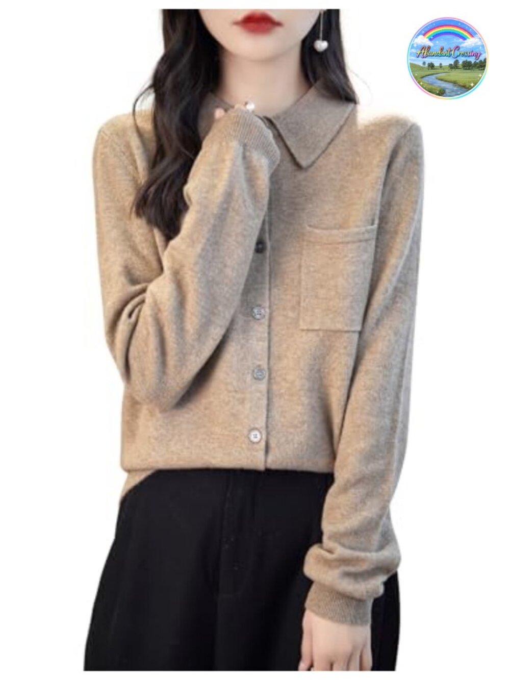 100% Merino Wool Polo Neck Cardigan Sweater with Pocket